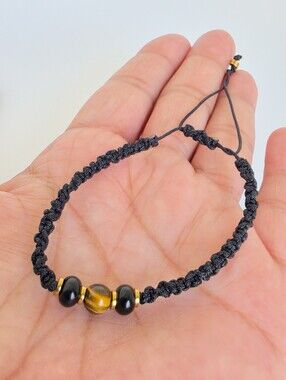 Handmade Tiger Eye Macrame Bracelet Adjustable Black Cord Unisex Boho Gift